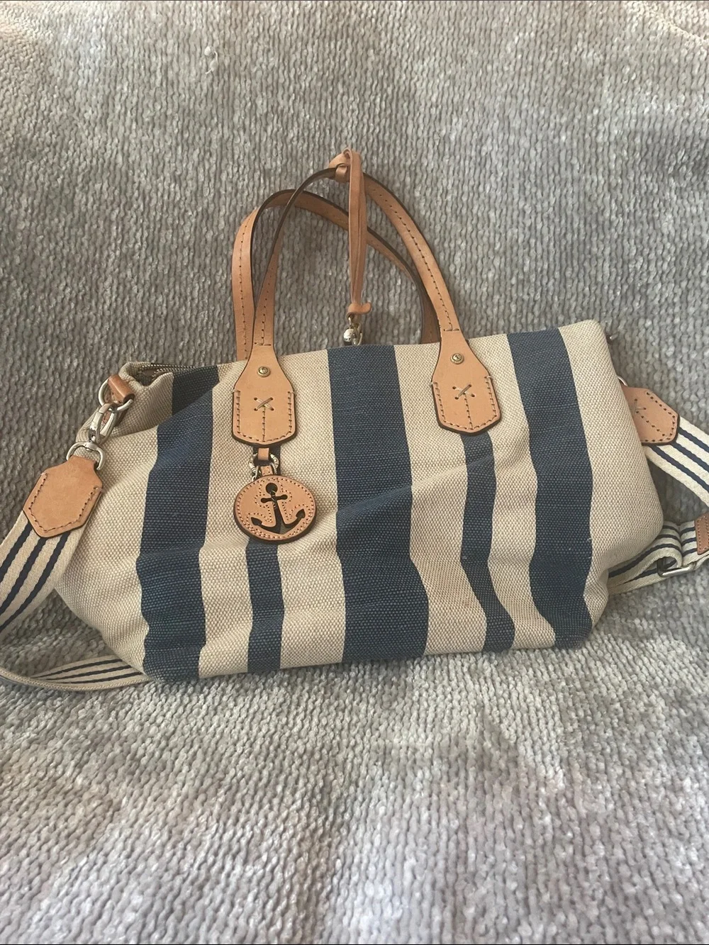 Brighton Blue and Cream Striped Satchel with Tan Trim